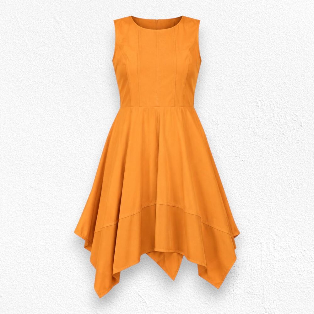 Donna Karan Saffron Golden Orange City Art Asymmetrical Midi Dress Size 4 NWT